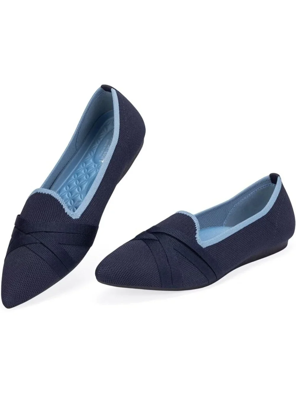 Women's Navy Comfortable Knit Casual Pointed Toe Ballet Flats with Bow Shoes